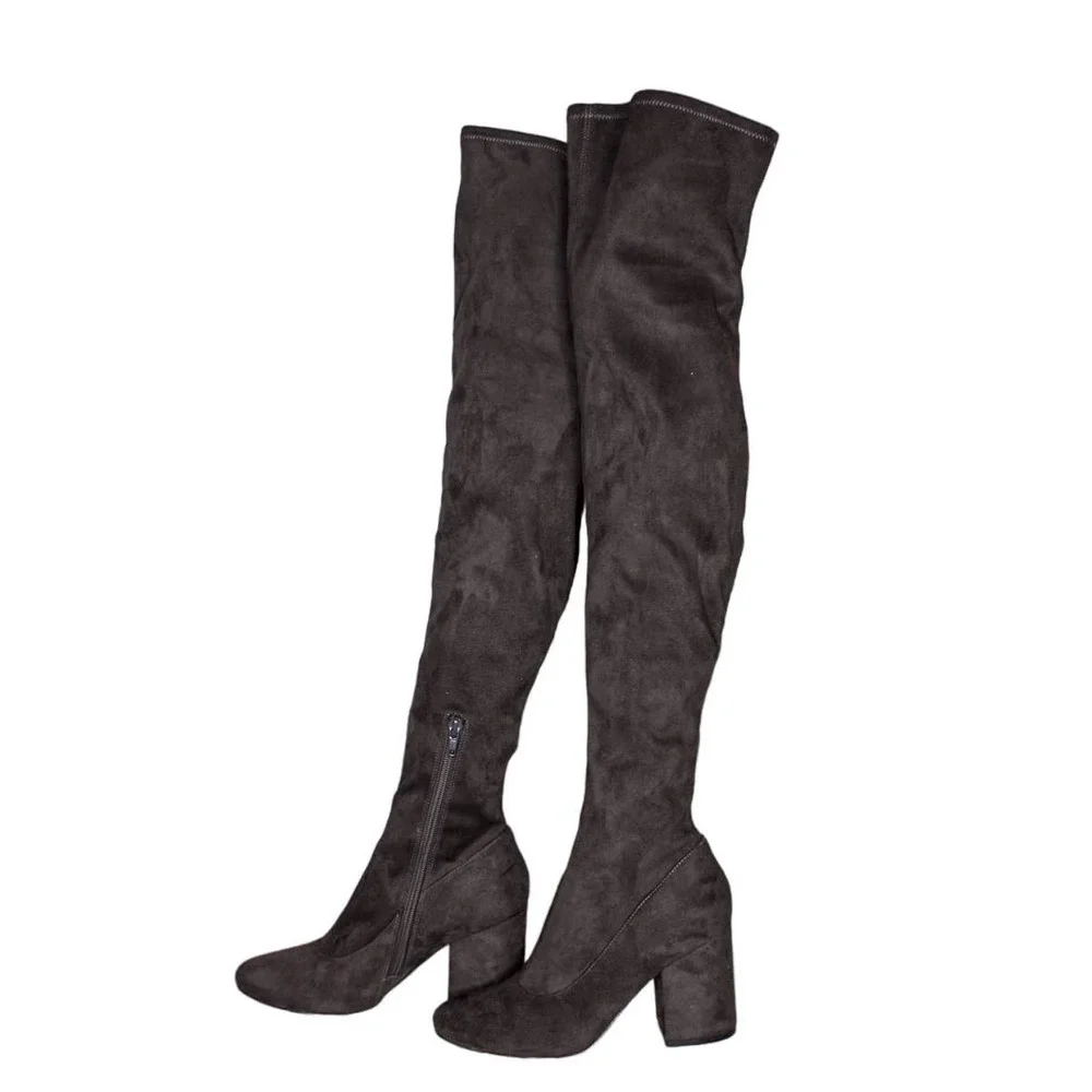 Marc Fisher Over The Knee Boots Stretch Fabric Gray Chunky Block Heel 6.5M